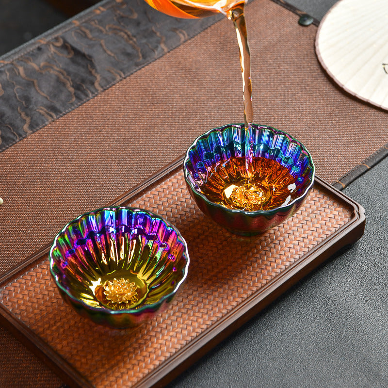 七彩镶嵌银饰电镀经纹器主人杯Colorful electroplated silver master cup