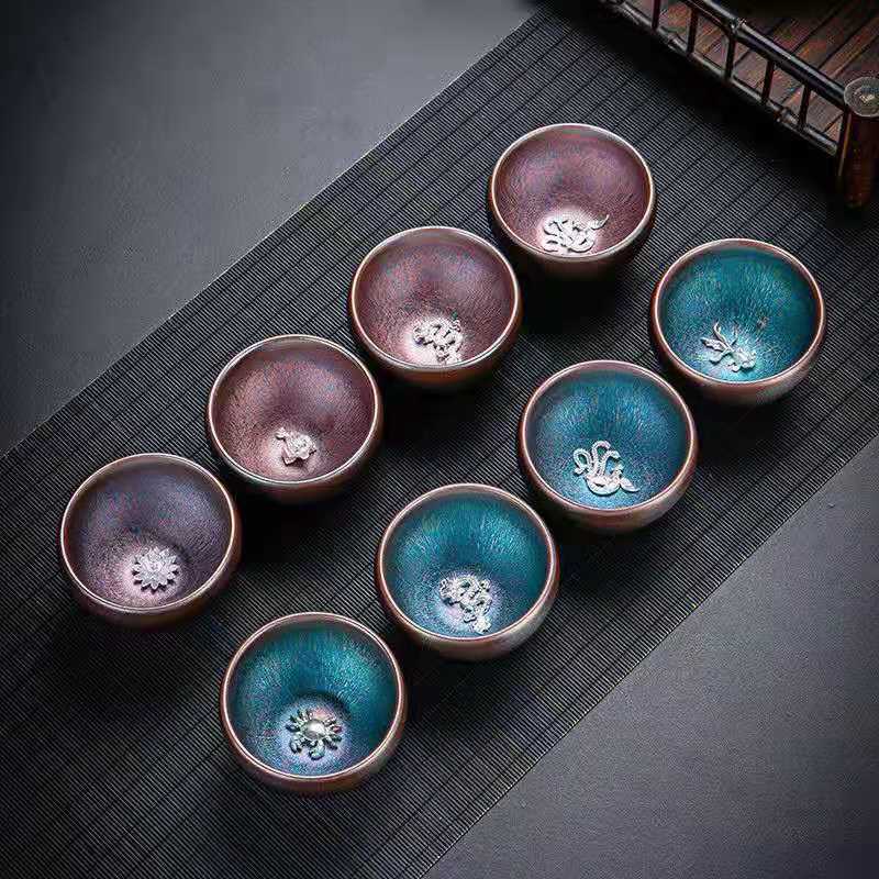 七彩钵钵莲花银莲花杯八杯对杯Colorful anemone bowl-shaped teacups, 8 cups for the cup are optional.